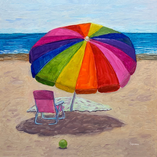 "Pink Beach Chair under Umbrella" giclee print