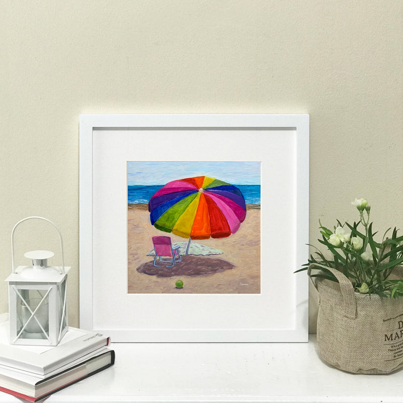 "Pink Beach Chair under Umbrella" giclee print