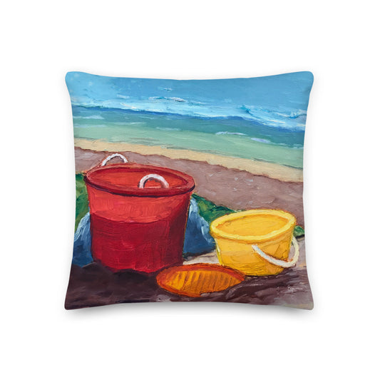 Fine Art Throw Pillow, "Beach Buckets", from original artwork by Esperanza Deese