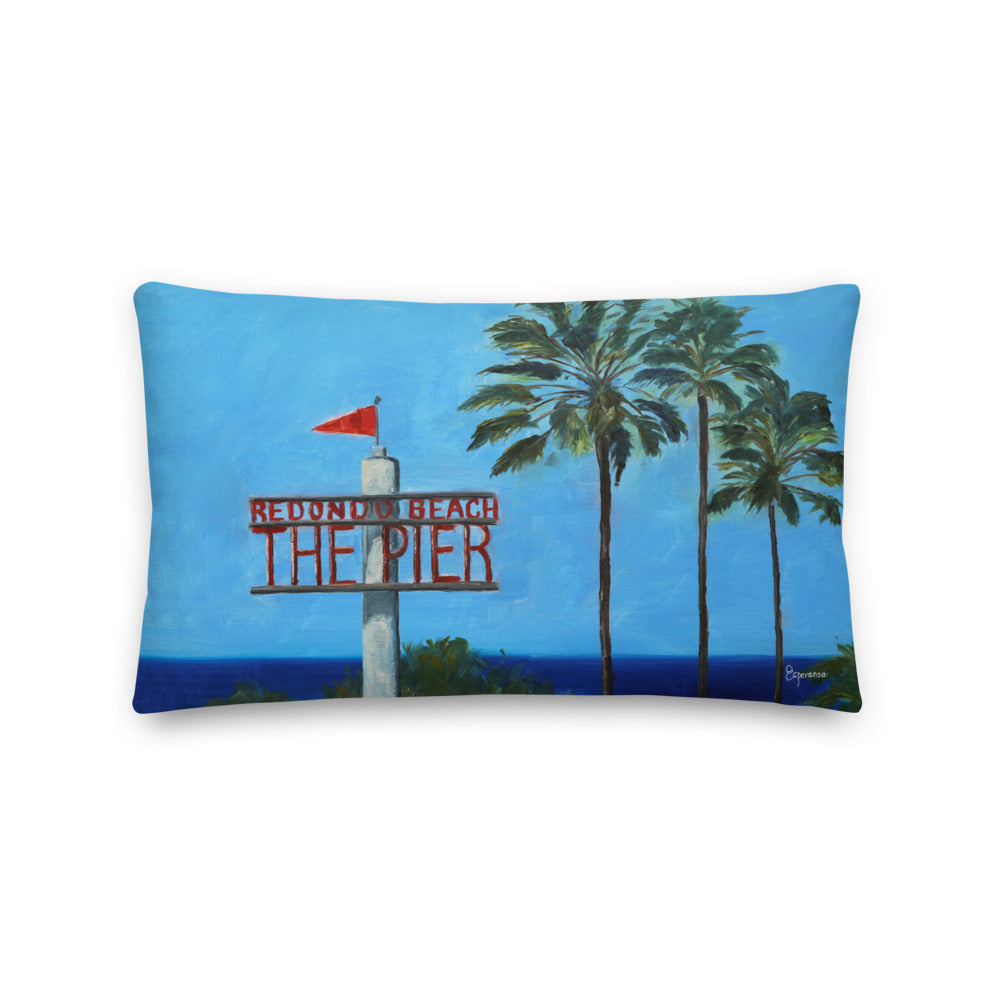 Fine Art Throw Pillow, "This Way to Redondo Beach Pier", from original artwork by Esperanza Deese