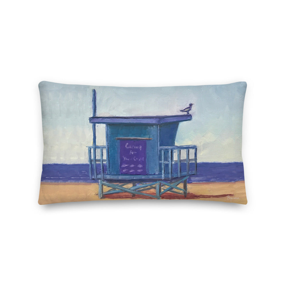 Fine Art Throw Pillow, "Southbay Lifeguard Tower", from original artwork by Esperanza Deese