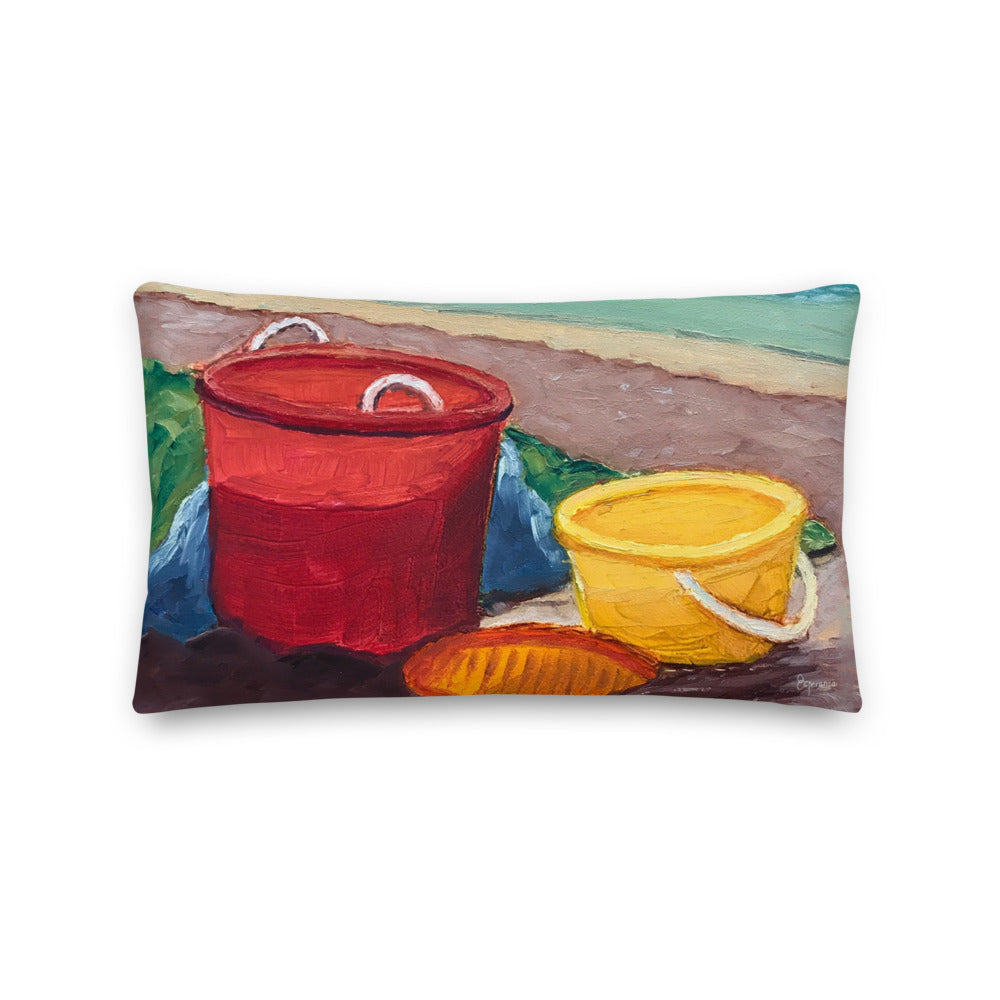 Fine Art Throw Pillow, "Beach Buckets", from original artwork by Esperanza Deese