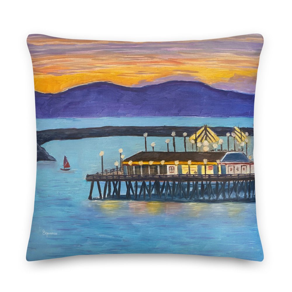 Fine Art Throw Pillow, "Redondo Beach Pier at Sunset", from original artwork by Esperanza Deese