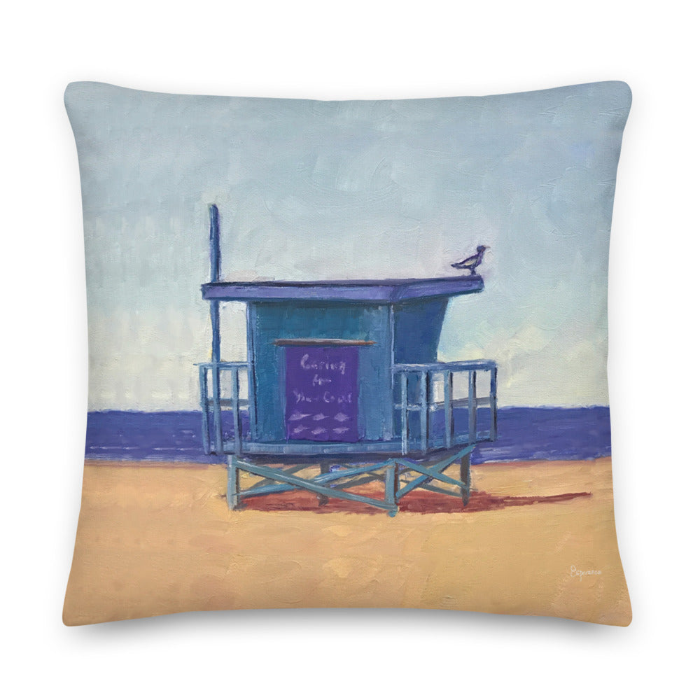 Fine Art Throw Pillow, "Southbay Lifeguard Tower", from original artwork by Esperanza Deese