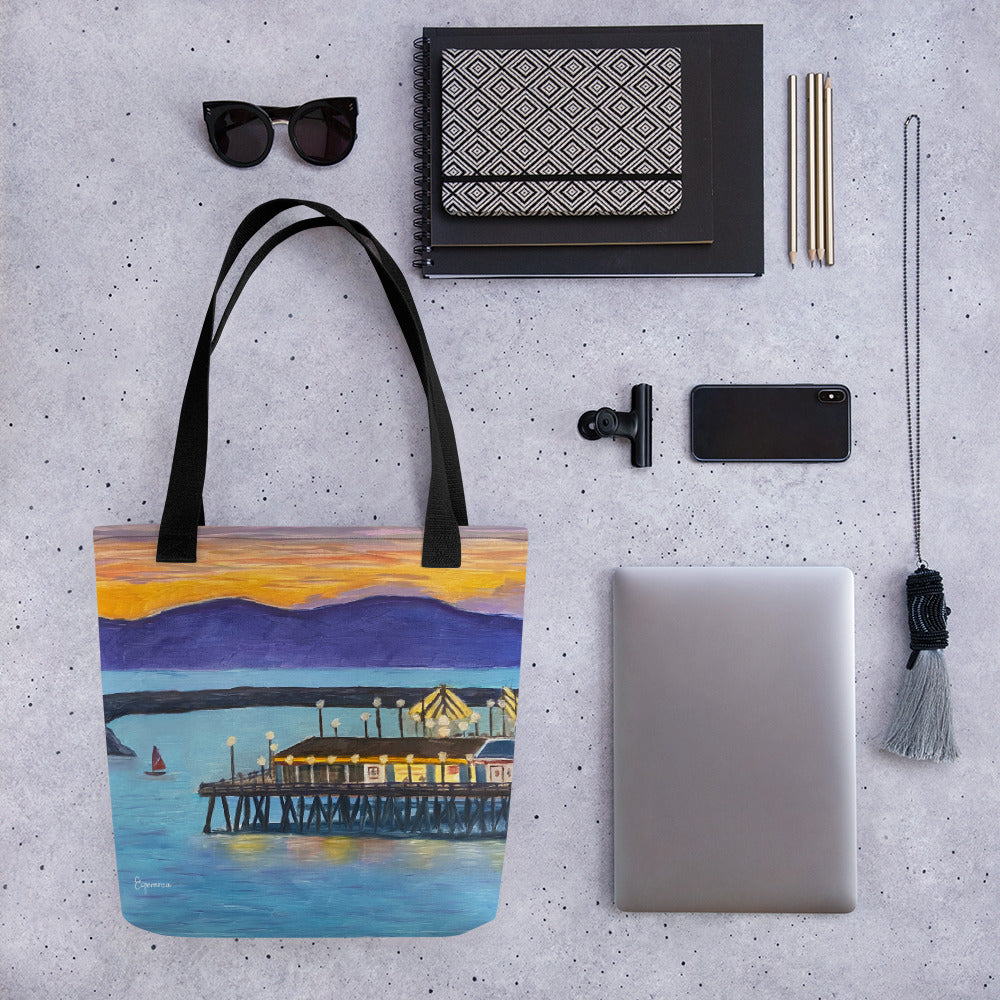 Fine Art Tote Bag, "Redondo Beach Pier at Sunset", from original artwork by Esperanza Deese