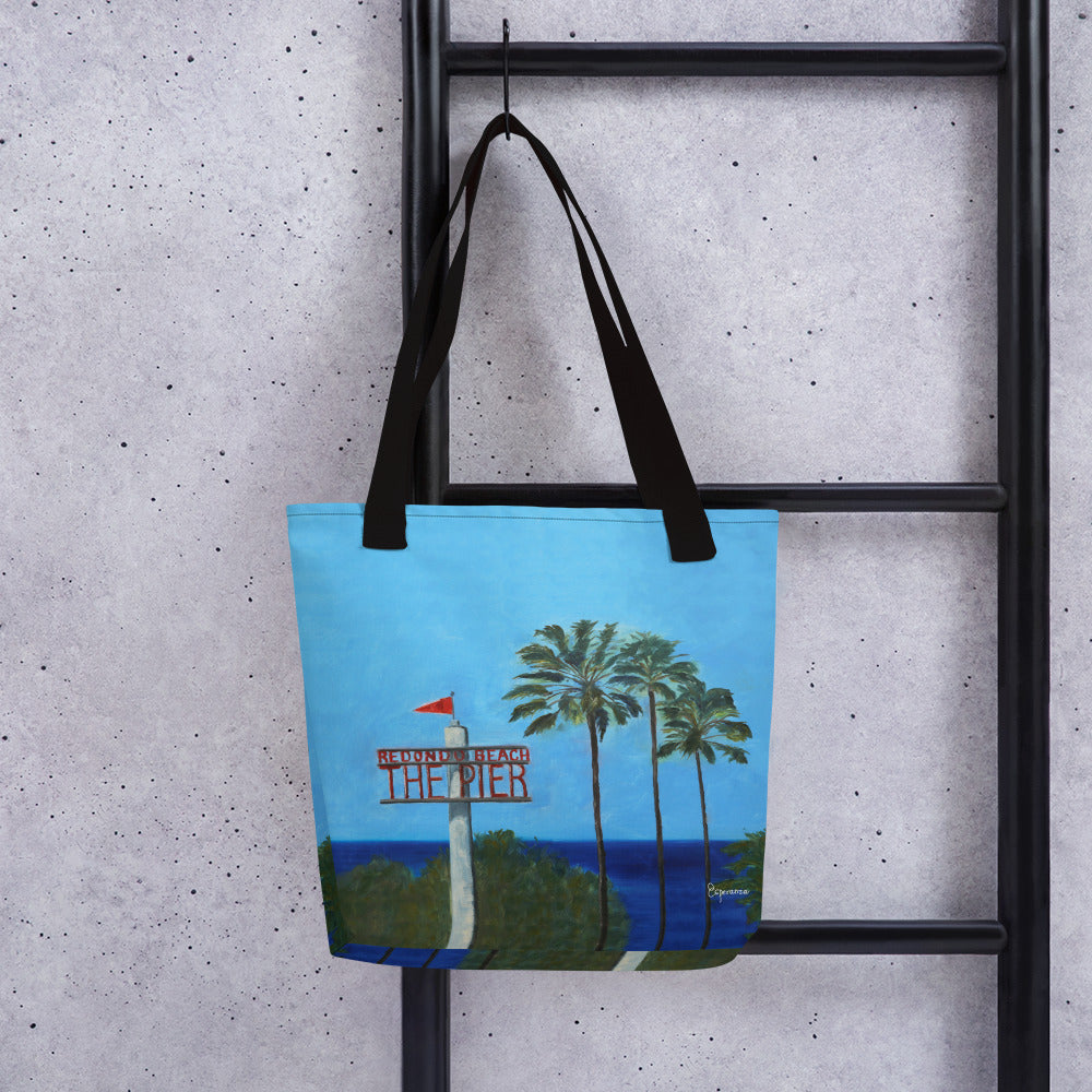 Fine Art Tote Bag, "This Way to Redondo Beach Pier", from original artwork by Esperanza Deese