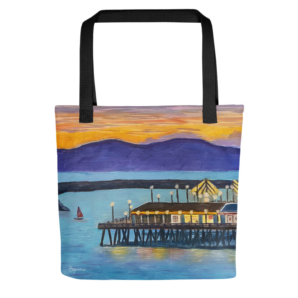 Fine Art Tote Bag, "Redondo Beach Pier at Sunset", from original artwork by Esperanza Deese